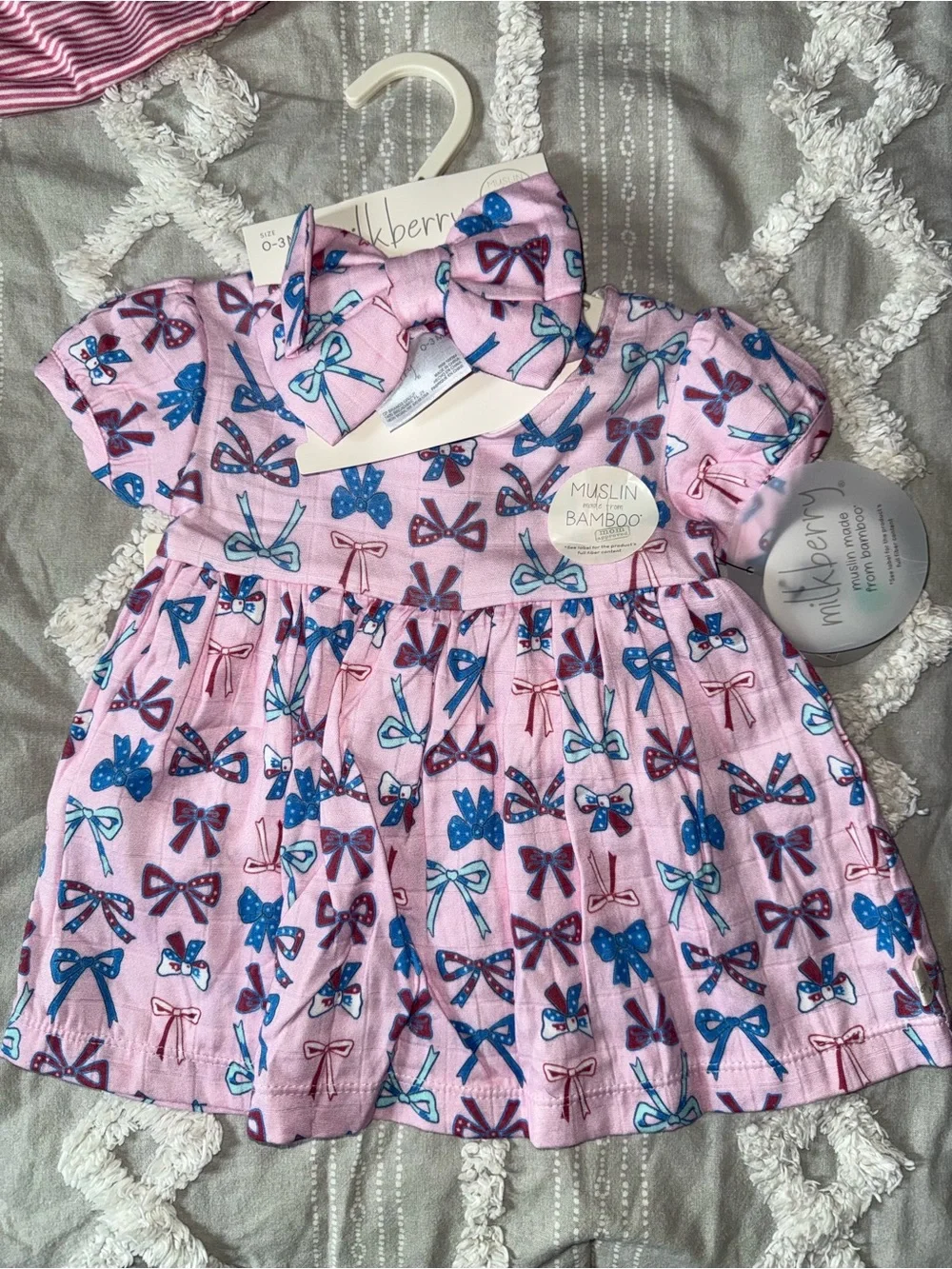 Milkberry Pink Bow-Print Muslin Bamboo Baby Dress